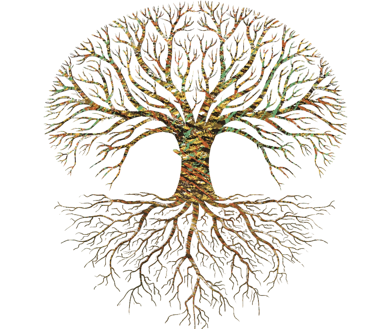 Cox family tree emblem with a trunk, widespread branches and deep roots