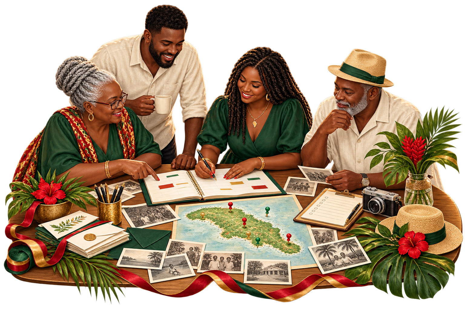 Caribbean family team planning a heritage reunion
