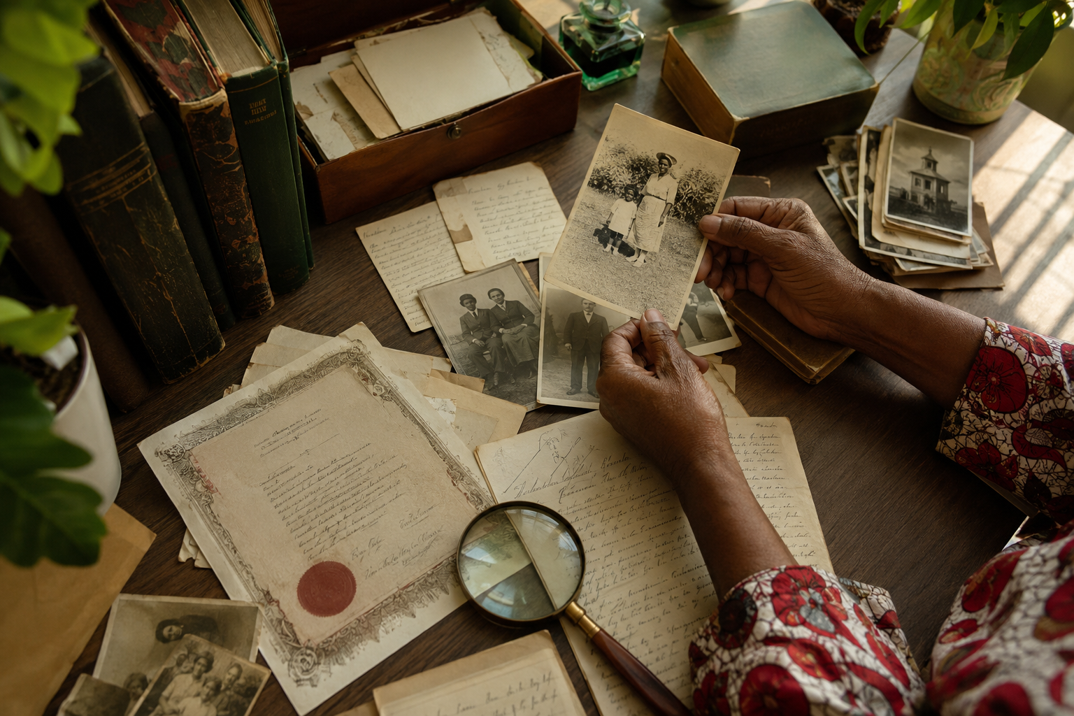 Historical family photographs and documents being examined
