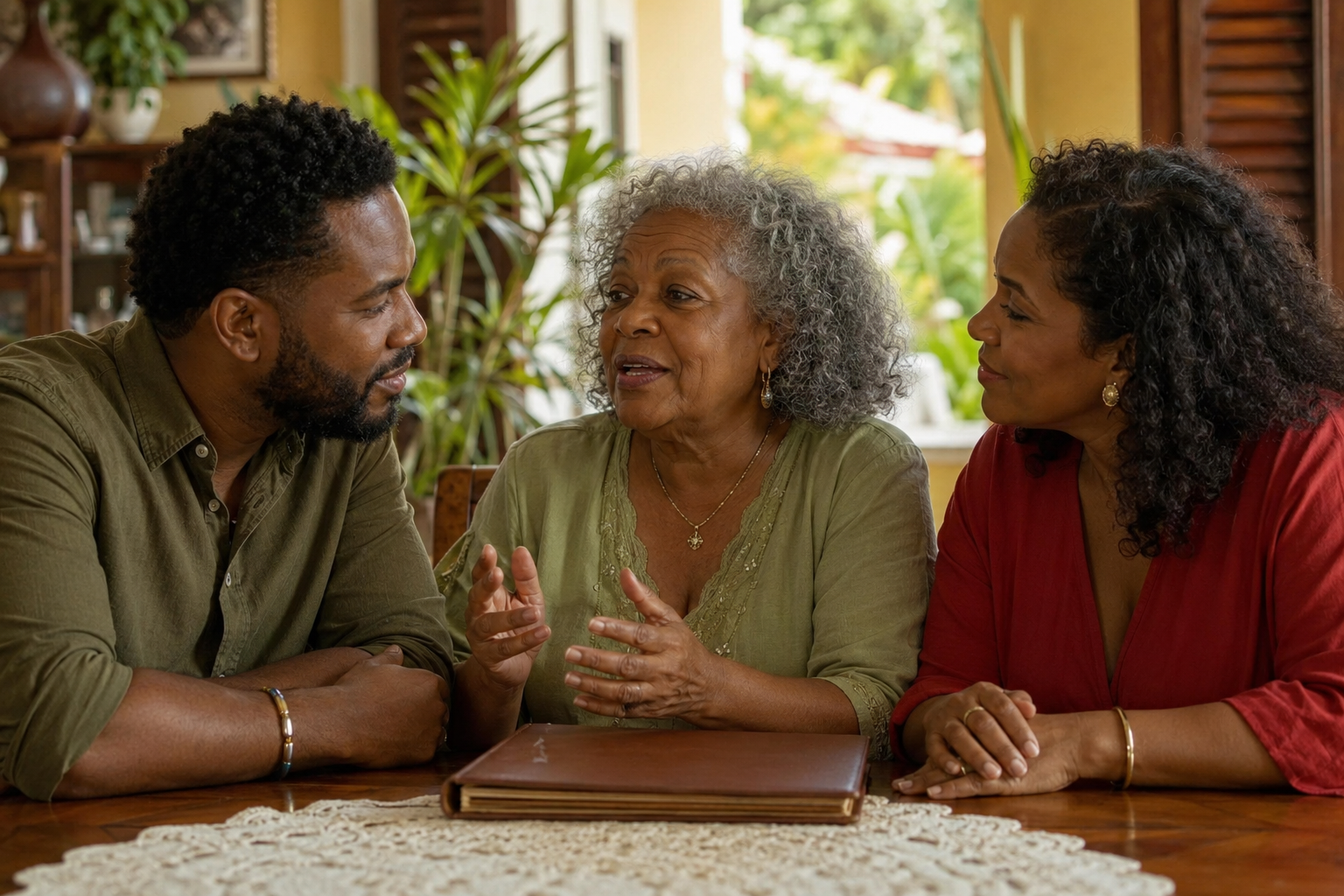 An elder sharing family stories with younger relatives
